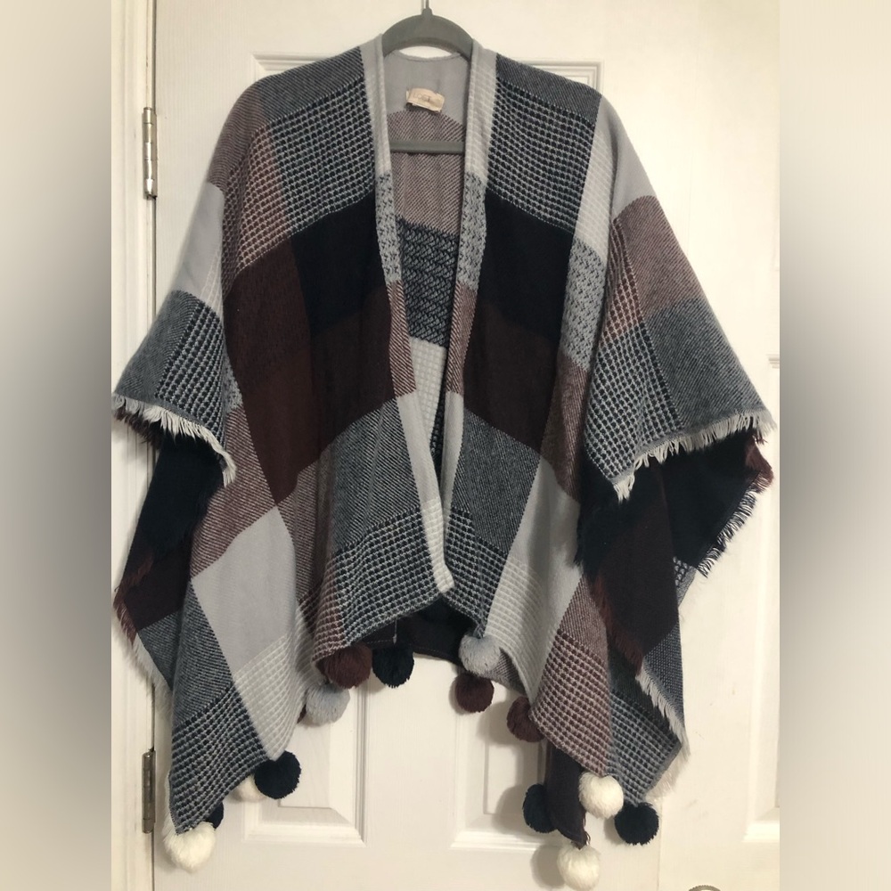 Loft plaid Pom-Pom Poncho one size fall winter business casual cottagecore